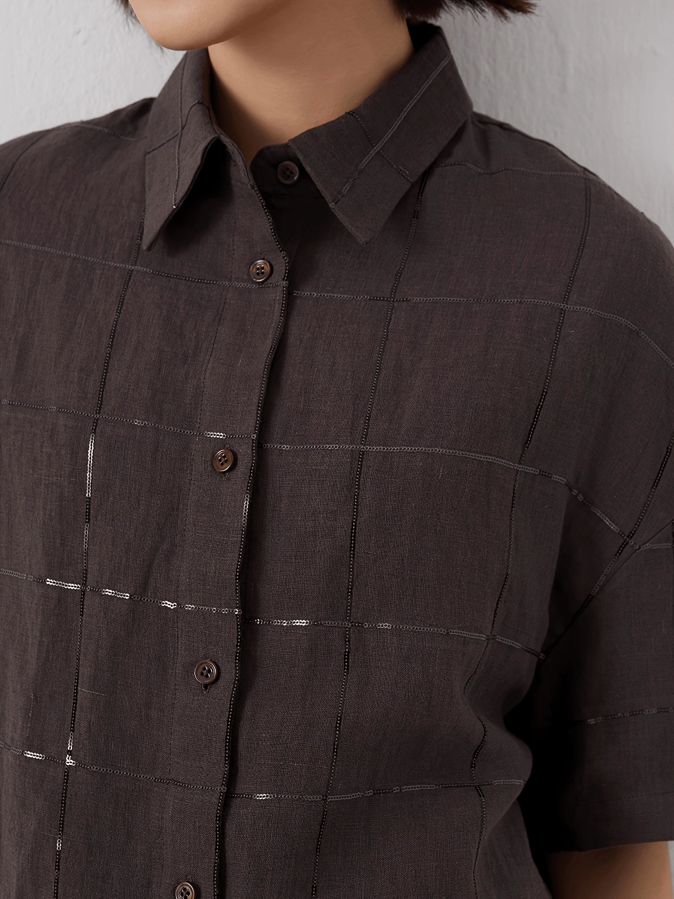 Sequin-Detail Linen Check Shirt - Image 5