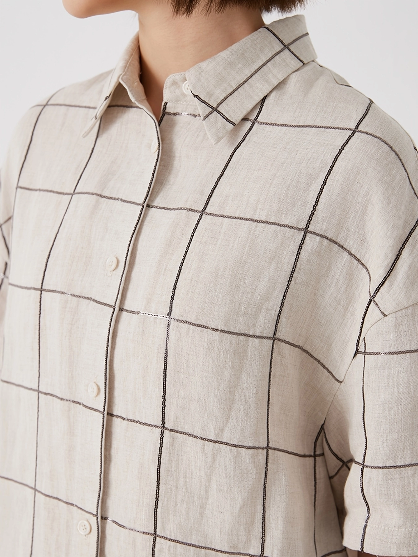 Sequin-Detail Linen Check Shirt - Image 6