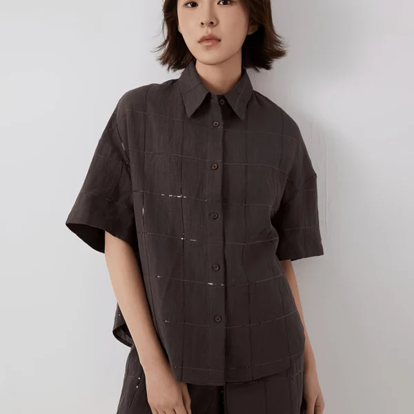 Sequin-Detail Linen Check Shirt
