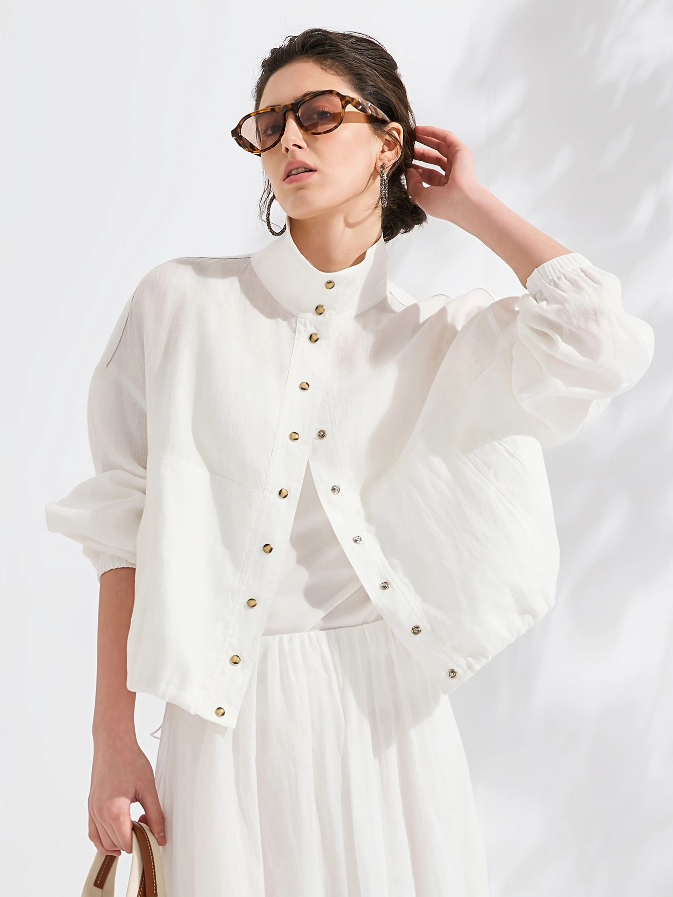 High-Neck Linen Button Jacket