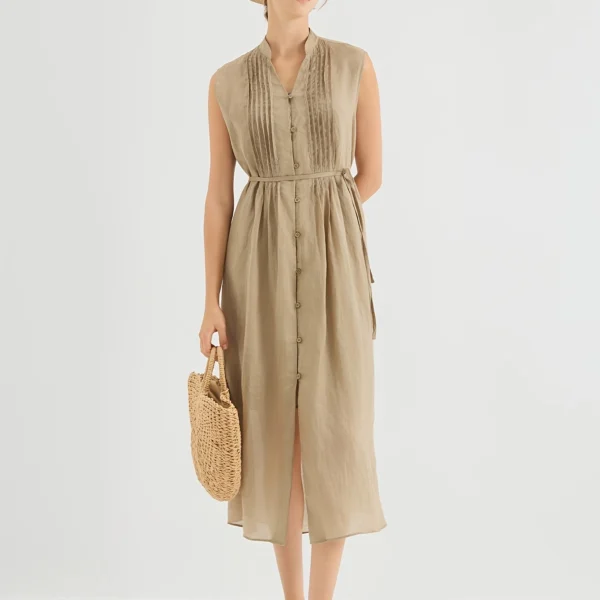 Belted Pleated Ramie Maxi Dress