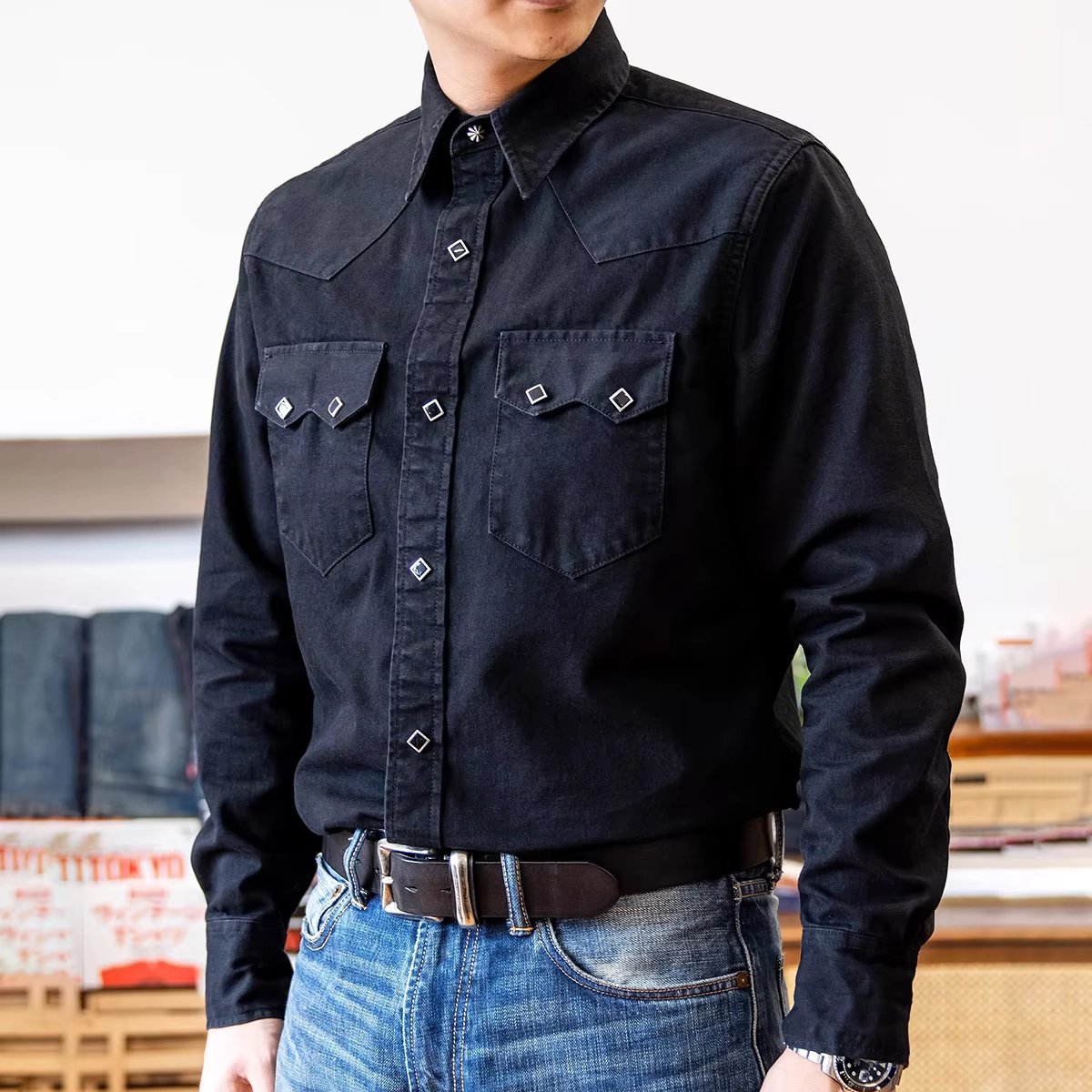 Black Cotton Western Snap Shirt - Image 3