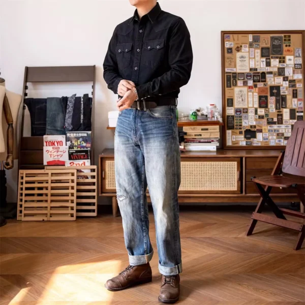 Black Cotton Western Snap Shirt