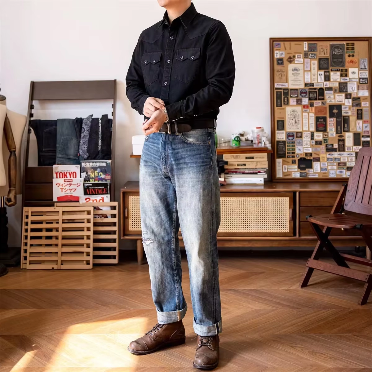 Black Cotton Western Snap Shirt