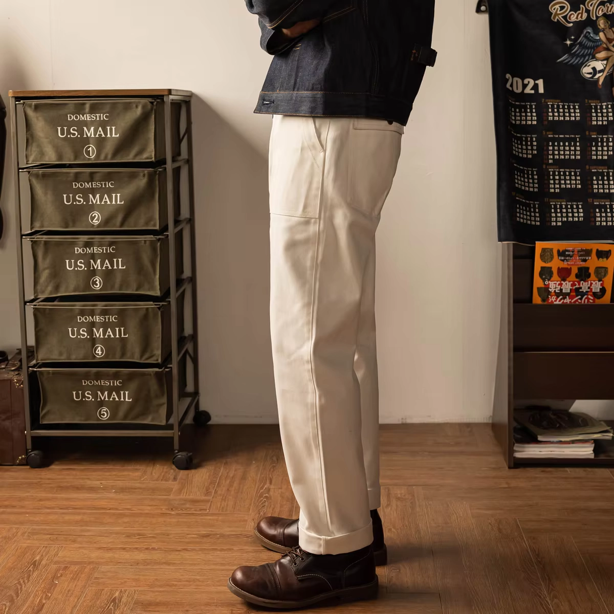 White Herringbone Work Trousers - Image 3