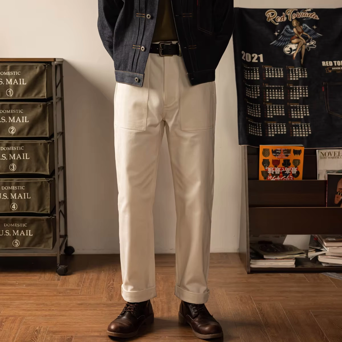 White Herringbone Work Trousers - Image 2
