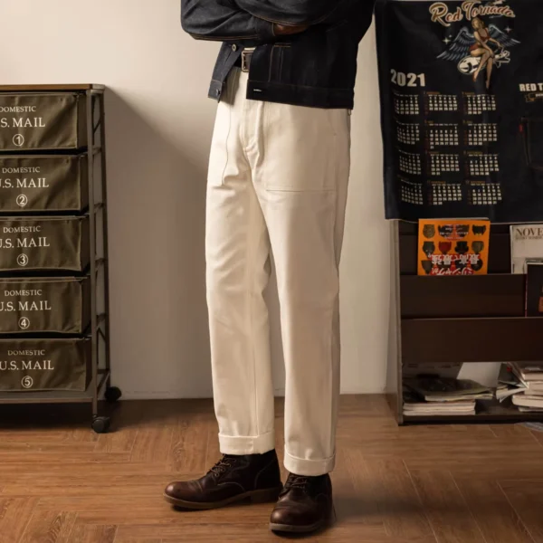 White Herringbone Work Trousers