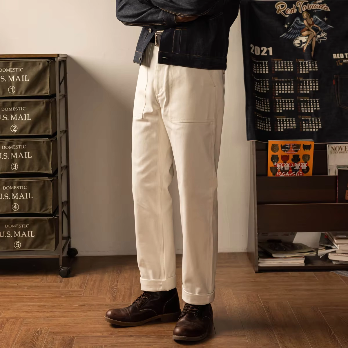 White Herringbone Work Trousers