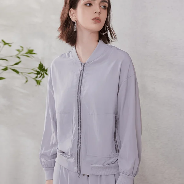 Lyocell Baseball-Collar Zip Jacket