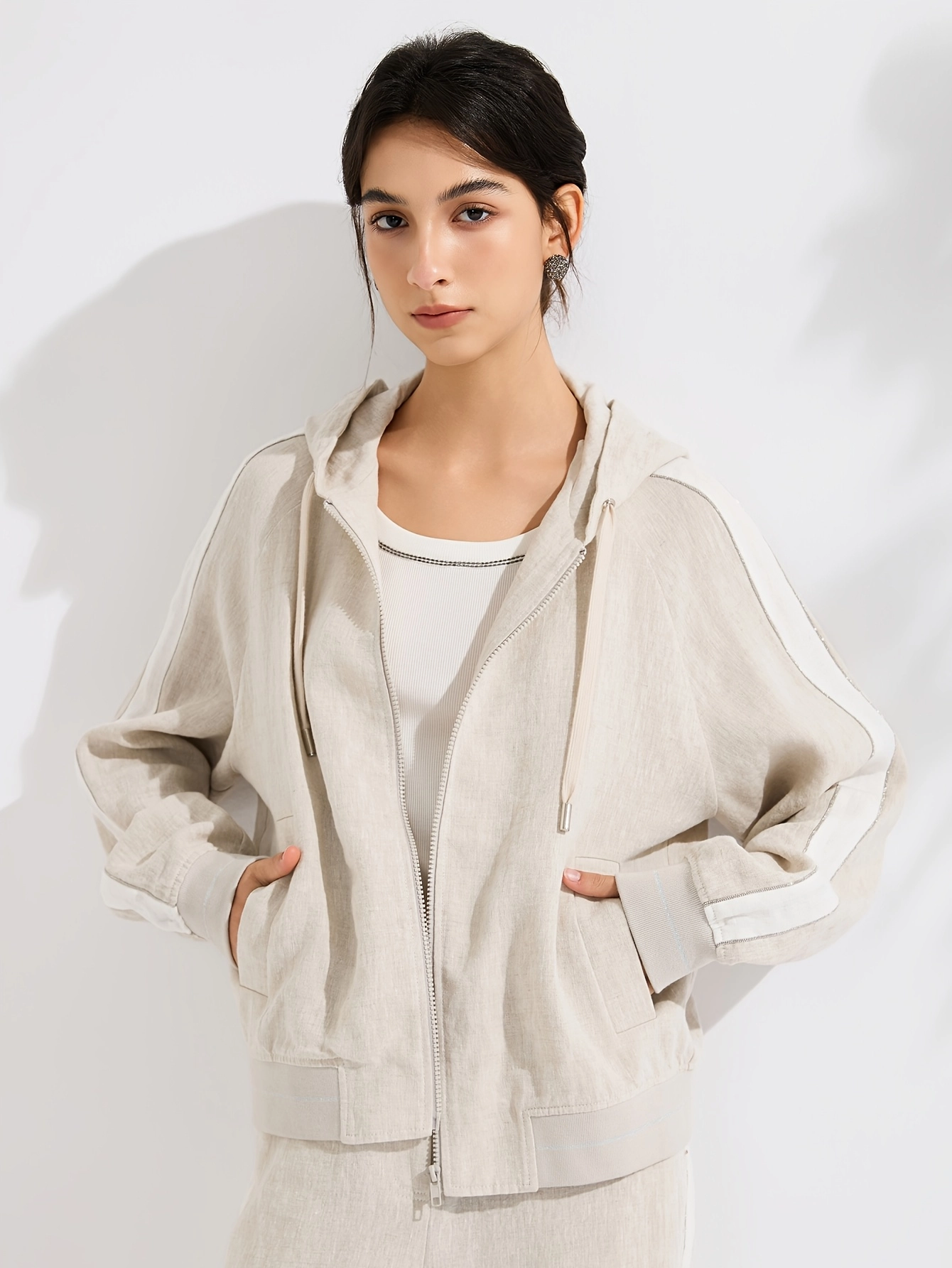 Rib-Trim Linen Hooded Jacket - Image 2