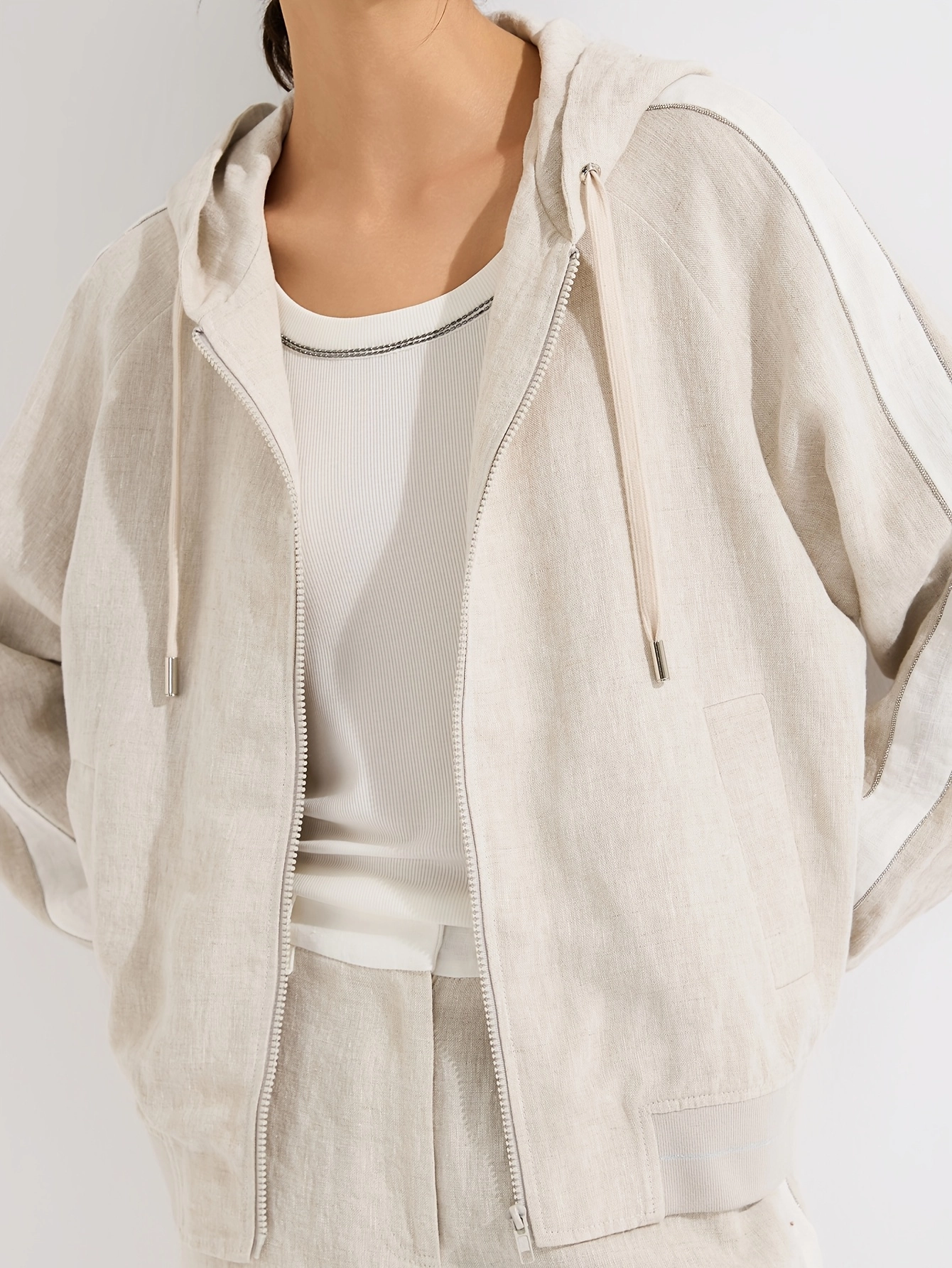 Rib-Trim Linen Hooded Jacket - Image 4