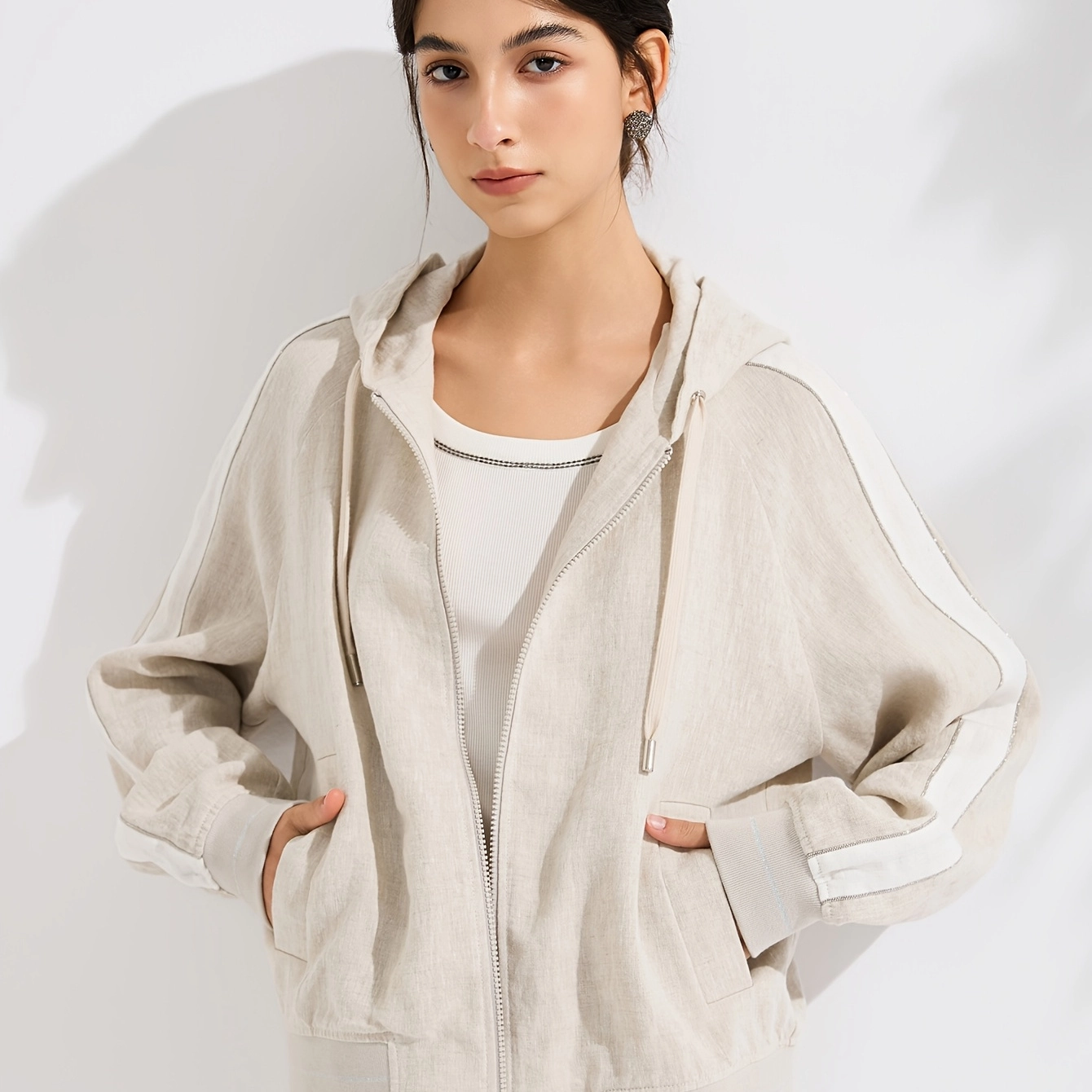 Rib-Trim Linen Hooded Jacket - Image 6