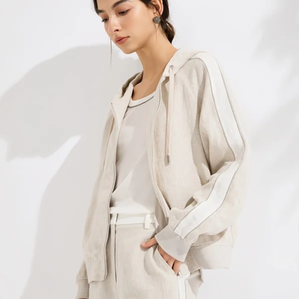 Rib-Trim Linen Hooded Jacket