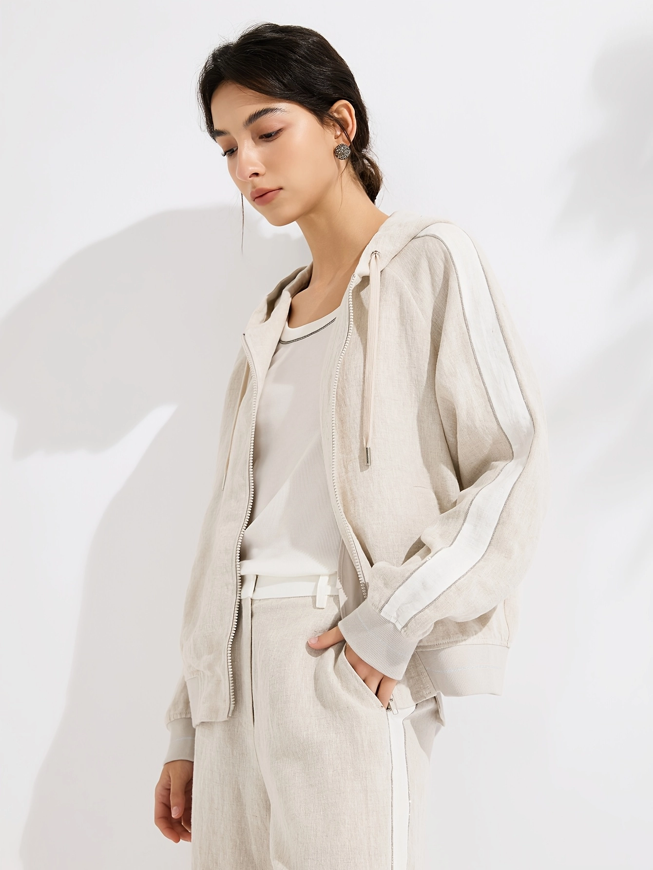 Rib-Trim Linen Hooded Jacket