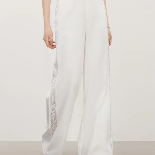 White Lace Trim Wide Leg Cotton Pants