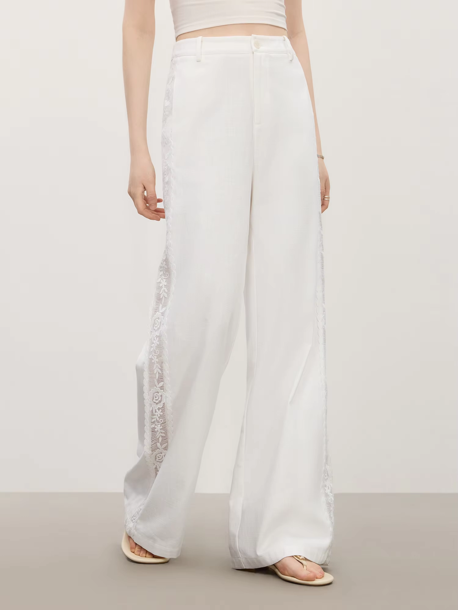 White Lace Trim Wide Leg Cotton Pants