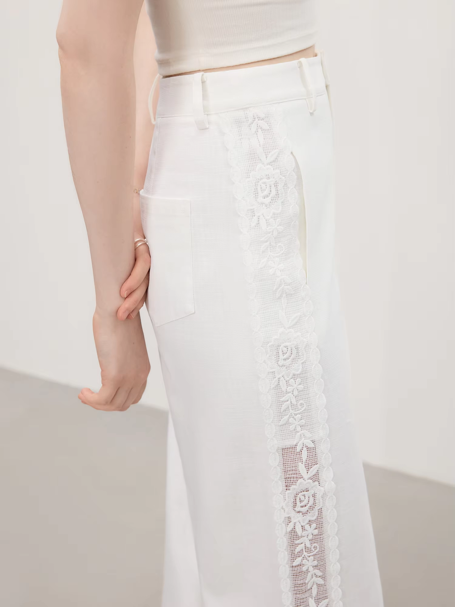 White Lace Trim Wide Leg Cotton Pants - Image 4