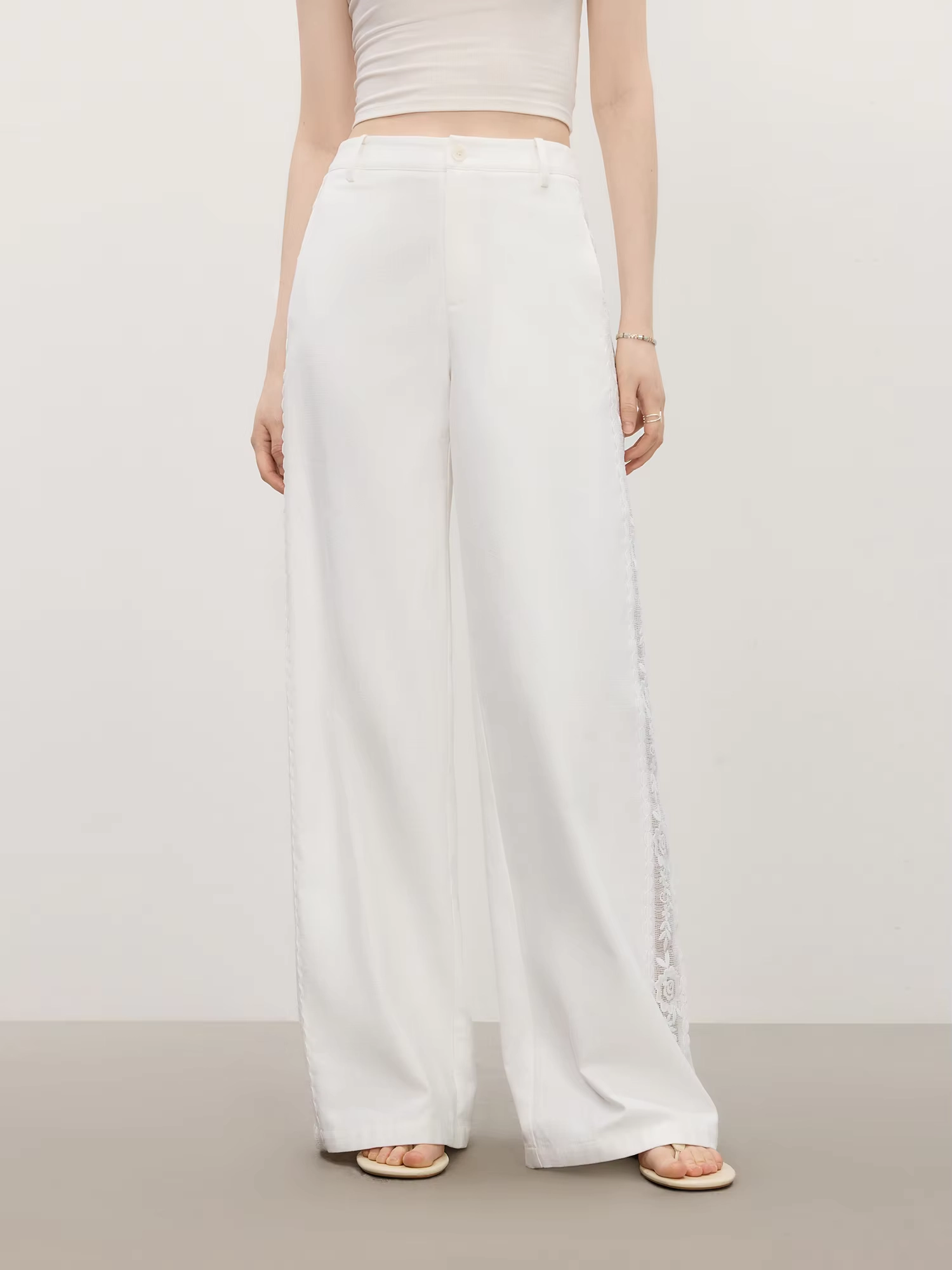 White Lace Trim Wide Leg Cotton Pants - Image 2