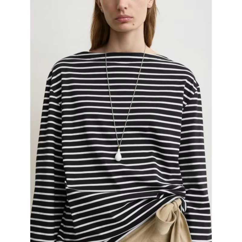 Striped Boat Neck Cotton T-Shirt